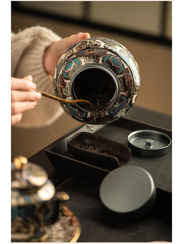 Taotie Ceramic Tea Can with Gold & Silver Inlay - Double-Metal Lid & Sealed Storage, Retro Chinese Design