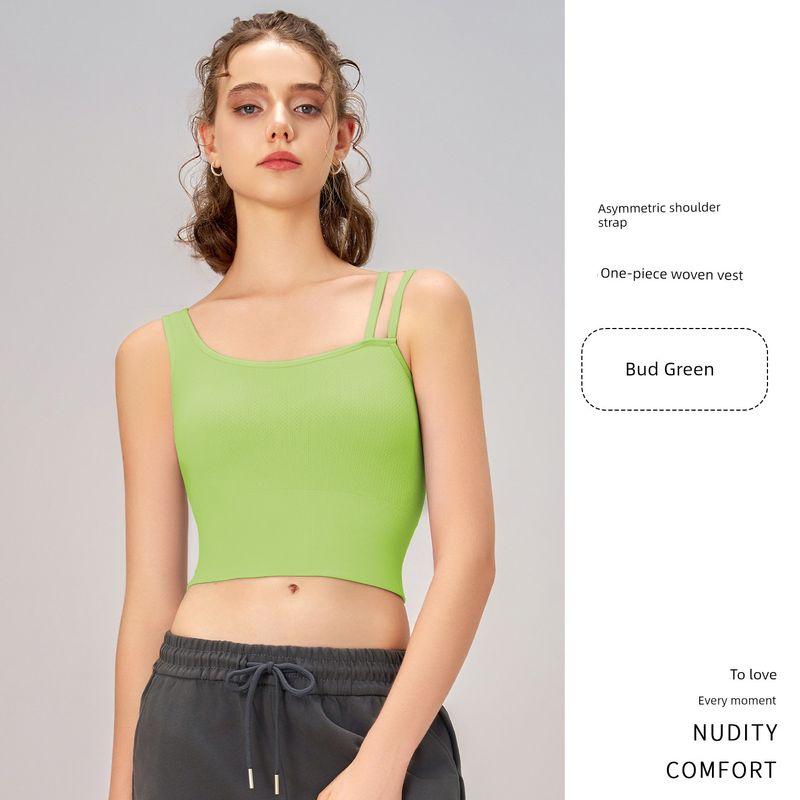 

Swimming Same Style Autumn New Sports Underwear Women Beauty Back Clothes Asymmetric Shoulder Strap Yoga Clothes Vest Fixed Cup Bud Green Sprout Green S