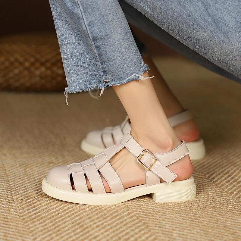 Fashion 2025 Women Sandals Retro Genuine Leather Luxury Roman Sandals Casual Buckle Strap Summer Shoes GLADIATOR Thick Heel Women Shoes