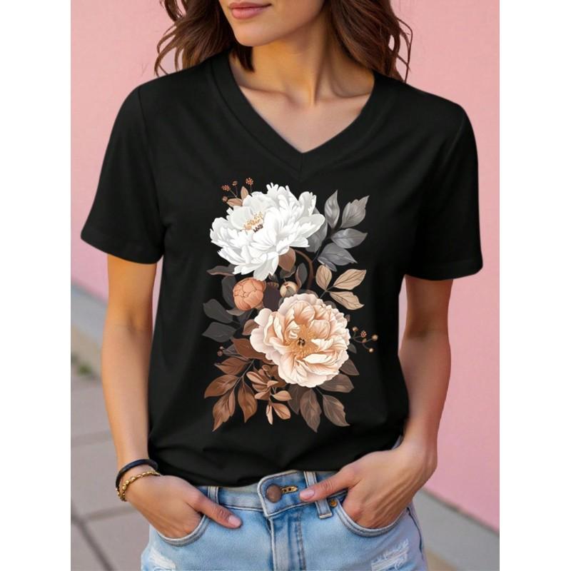 Womens V-Neck Short Sleeve T-Shirt With Leopard Print 3D Effect Colorful Ink Loose Fit Casual Office Wear