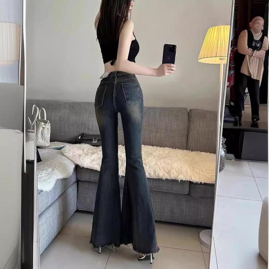 Hot Girl Retro Fishtail Flared High Waist Ripped Jeans