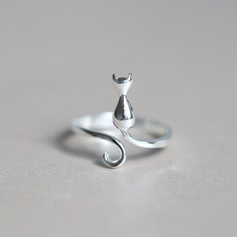 Simple Cute Cat Shaped Open Ring Chic Silver Color Adjustable Ring For Women Lovely Daily Wear Jewelry