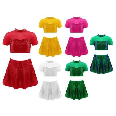 Dievčenský tanečný set Lesklé flitre Zdobený Stojací golier Krátke rukávy Sieťovina Patchwork Otvorený chrbát Crop top Sukňa