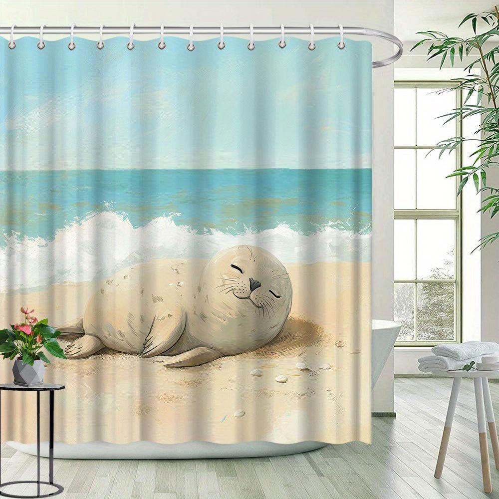 Beach Play Seal Shower Curtain - Animal Theme HD Pattern, Natural Ocean Atmosphere, Polyester Bathroom Decor,  12 Hooks