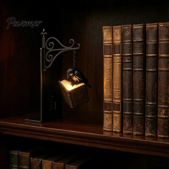 Ambient Lighting for Bookshelves Gothic Metal Bookends with Hanging Light, Cat Raven Ghost Decorative Crow Ancient Book End Bookshelf Lamp,