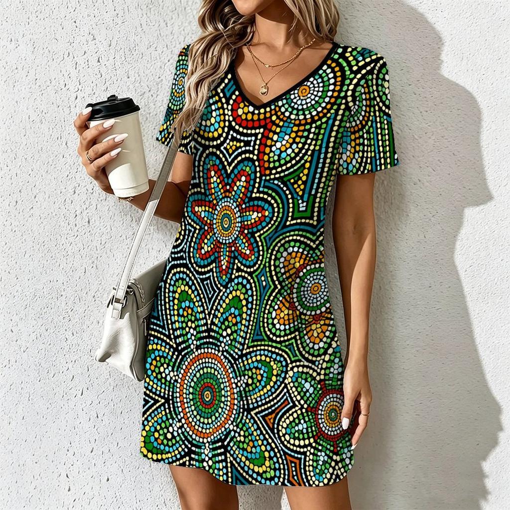 Mode d'été pour femmes Robe à col en V à manches courtes avec imprimé géométrique rétro Jupe courte sexy Robes