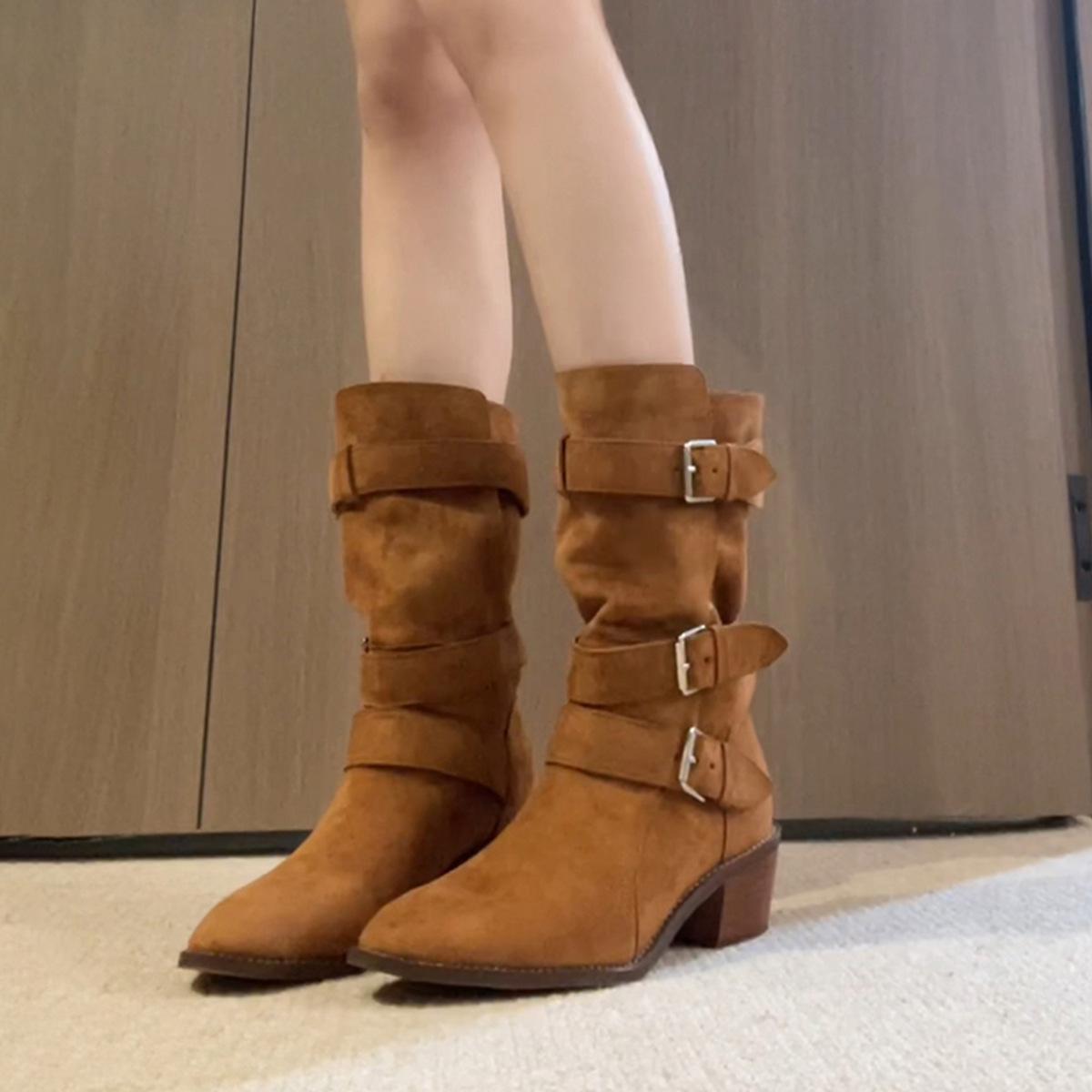 

Retro temperament pointed thick heel knight boots women s belt buckle fashion medium boots 42 коричневий