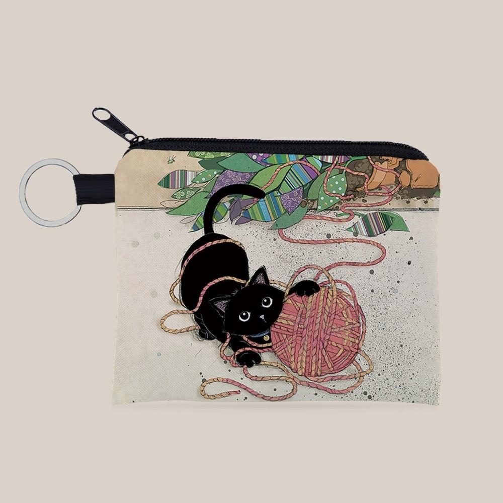 

Cute Cat Print Coin Purse Polyester with Zipper Keychain Coin Pouch Portable Square Small Wallet
