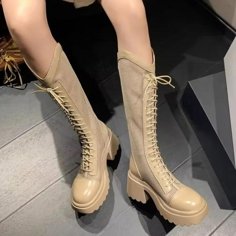 2025 Women's Shoes Mesh Knee-High Women's Boots Autumn Back Zip Modern Boots Round Toe Solid Shoes Ladies Retro Women's Sandals