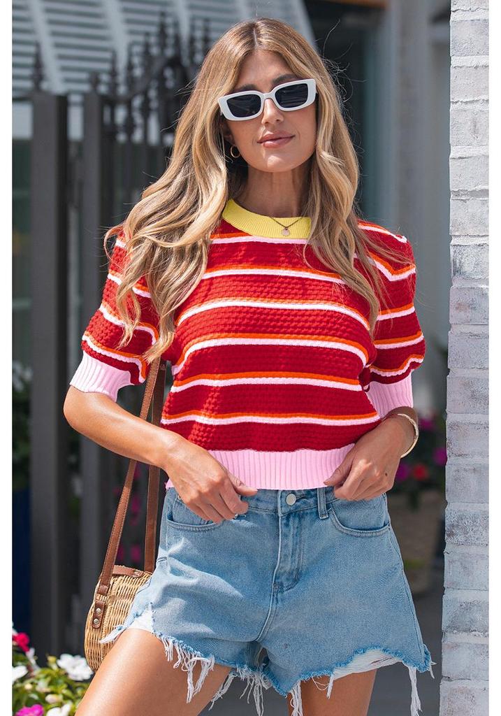 Women's Casual Striped Patchwork Short Sleeve Round Neck Sweater