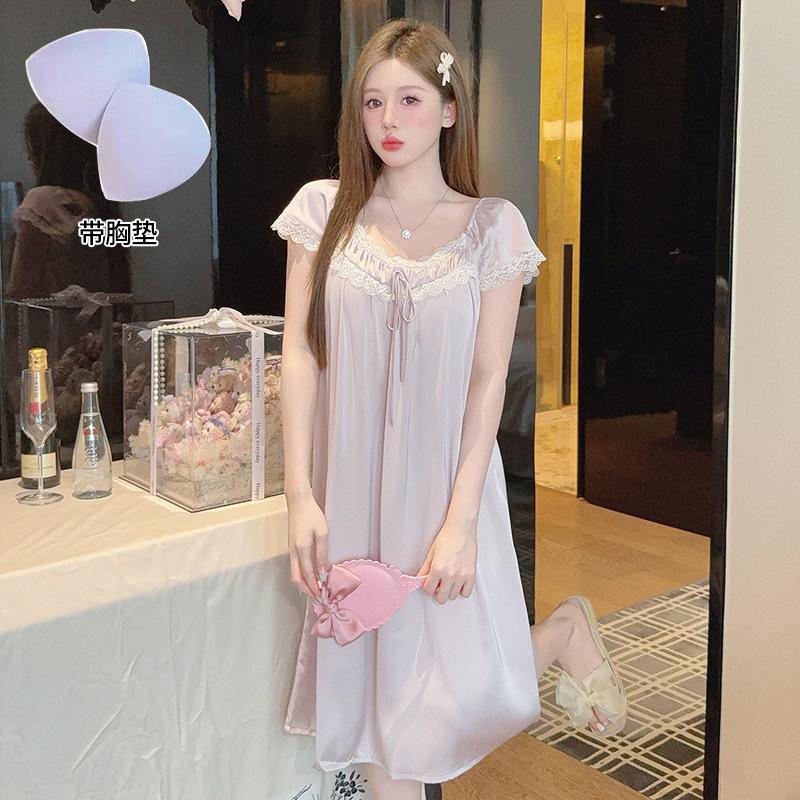 New summer women's short-sleeve nightdress, water clouds and ice snow silk nightgown, fresh and cool, comfortable home lace pajamas