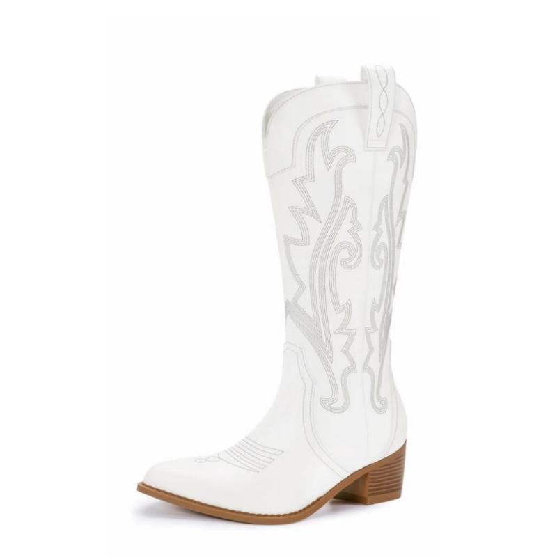 Ghete Martin clasice cu vârf ascuțit pentru femei, cizme cowboy, toc gros, ghete pentru femei cu toc mediu, cizme cowboy brodate