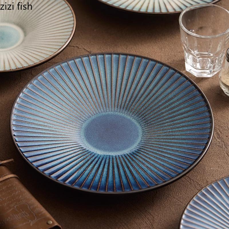 Kiln Changes Striped Ceramic Plate Creative Salad Plate Dessert Plate Italian Noodle Plates Hotel Molecular Cuisine Tableware