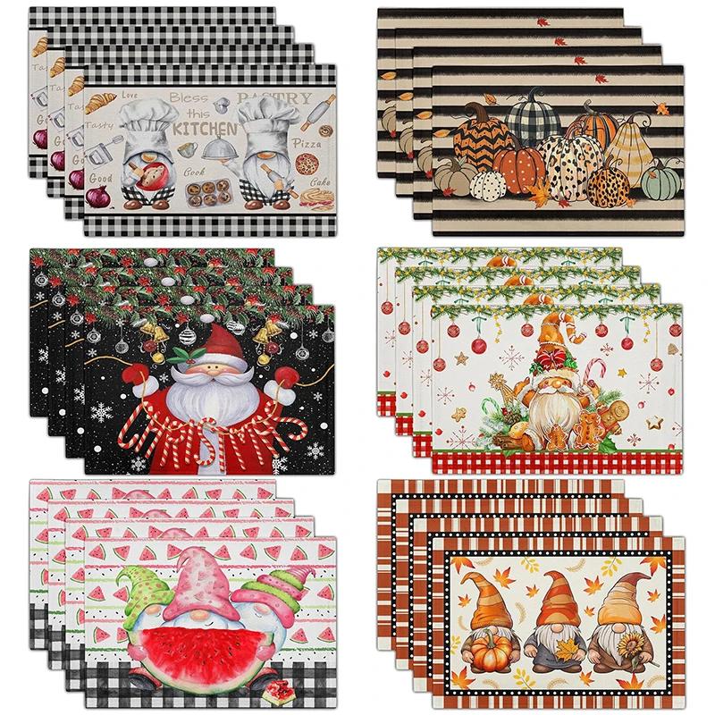 1pc Gnomes Placemats Buffalo Plaid Kitchen Mat Heat Proof Linen Place Mats for Home Kitchen Dinner Table Decor and Supplies