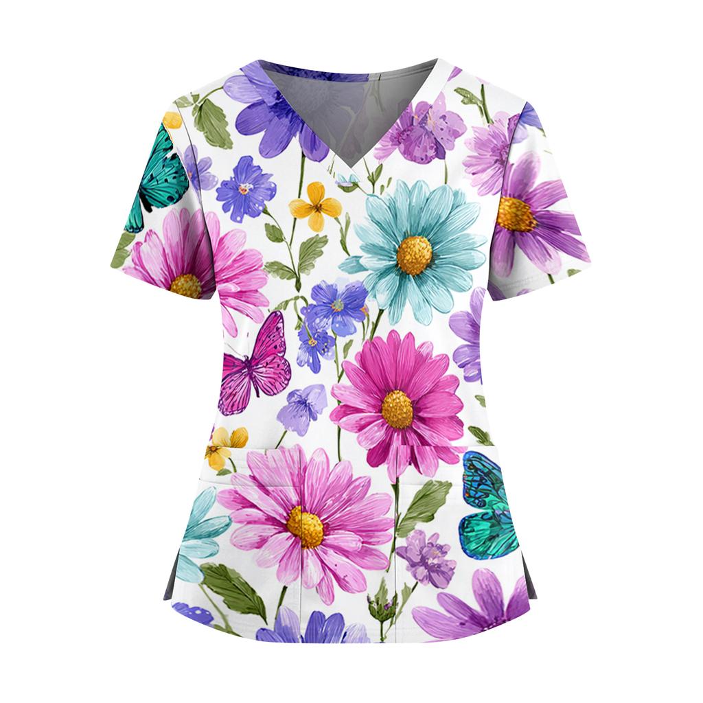 Women's floral print V-neck double pocket short-sleeved uniform/caregiver top with slits at the hem