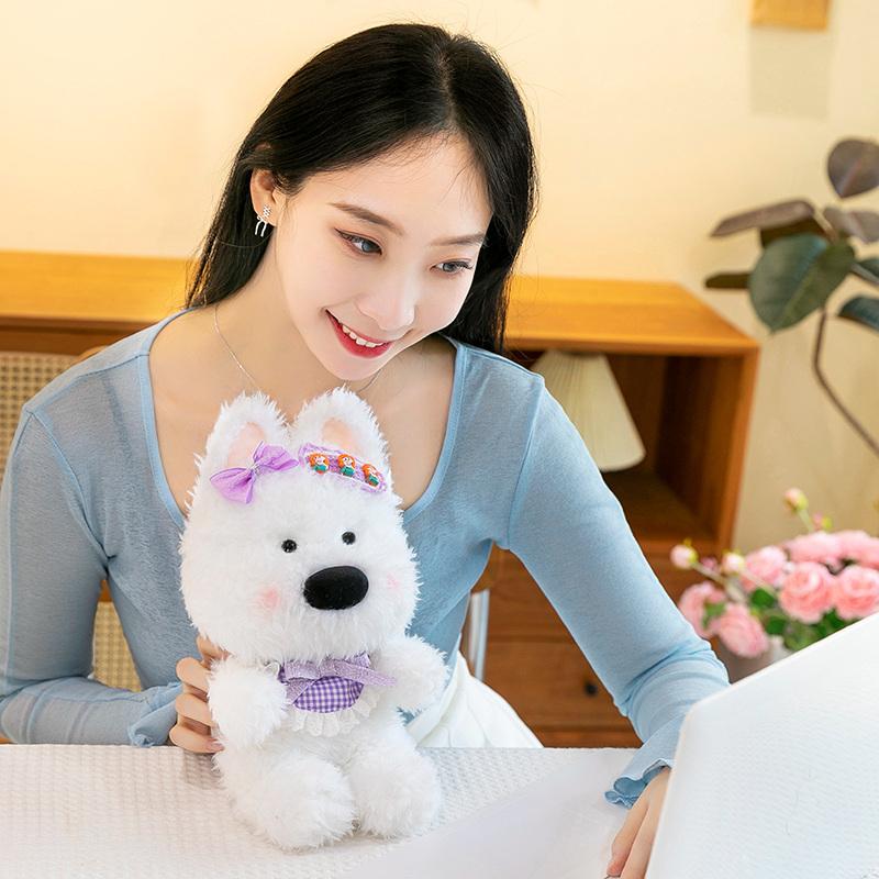 30cm Super Cute Lace West Highland Terrier Plush Toys Soft Fluffy Cartoon Puppy Wearing Bibs Bow Pretty Decor Sweet Gift To Girl