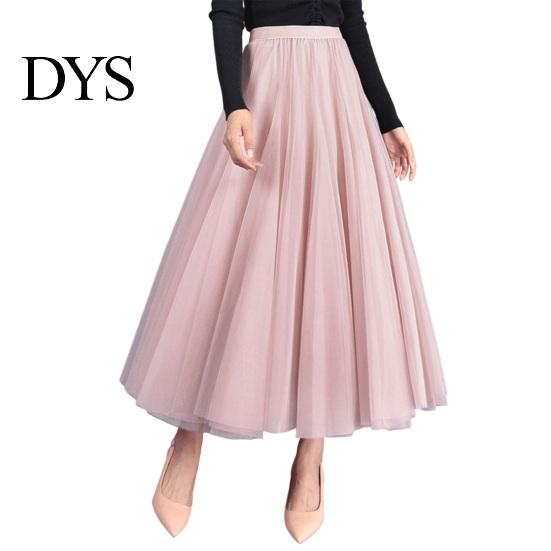 Casual Skirt Women Midi Elastic High Waist Long with A-Line Solid Mesh Hem Color Daily Wear High-waist