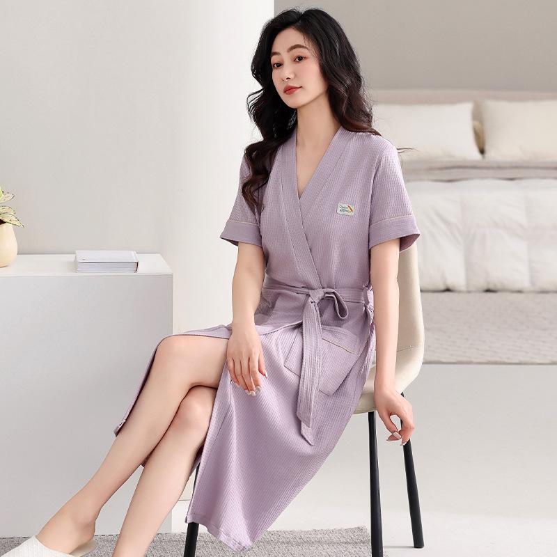 nightgown women's summer cotton short-sleeved bathrobe pajamas thin summer large size long one-piece bathrobe loungewear