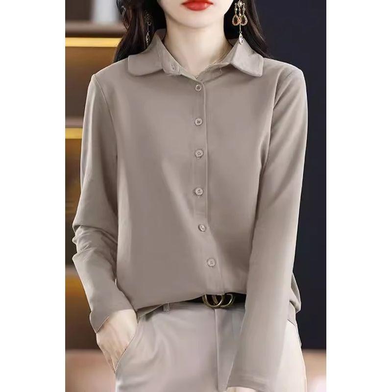 

New Arrival Export Spring & Fall Double-Sided Dralon Shirt Women s Clothing Fall and Winter Thickened, Sanded Fabric Heattech Bottoming Cardigan Mercerized cotton Brown Brown M