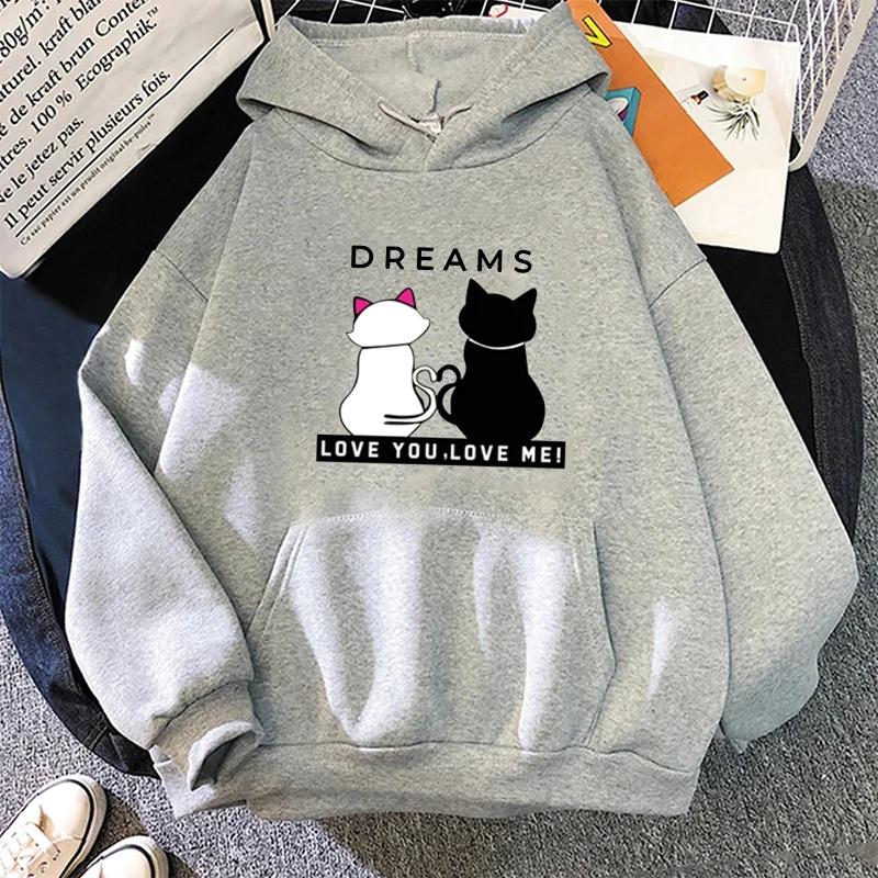 Lover Cats Printed Hoodie Women Casual Oversize Korean Style Fashion O-Neck Long Sleeve Pullover Autumn Winter Fleece Sweatshirt