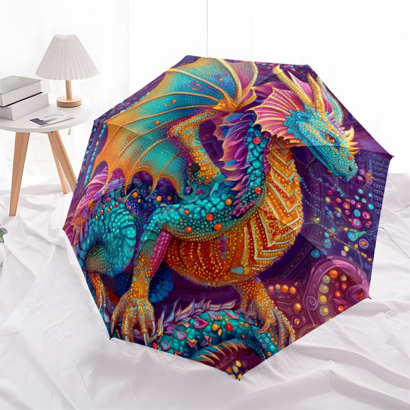 Dragon with Colorful Wings pattern, automatic folding umbrella, portable and foldable design, 8 ribs, a Christmas or birthday gift.