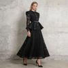 Court Style Lace Embroidery Solid Color Suit Large Lapel Waist Ruffled Top + A-shaped Long Dress