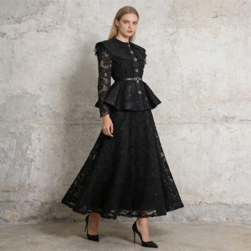 Court Style Lace Embroidery Solid Color Suit Large Lapel Waist Ruffled Top + A-shaped Long Dress