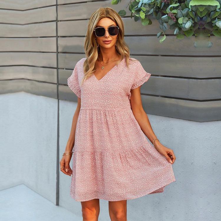 Women Floral Print Short Dress V Neck High Waist Butterfly Sleeve Casual Summer Fall Sizes S XL