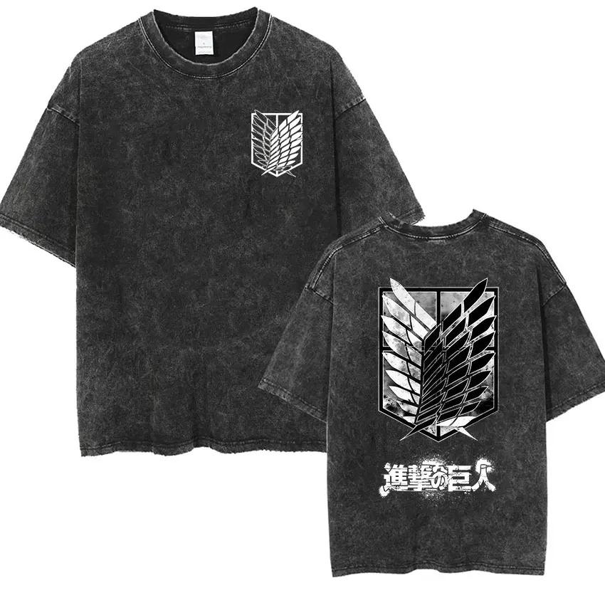 Anime Attack Titan Retro Wash Bedrucktes T-Shirt Mikasa Ackerman Eren Jaeger Freie Flügel Muster Herren Sommer T-Shirt