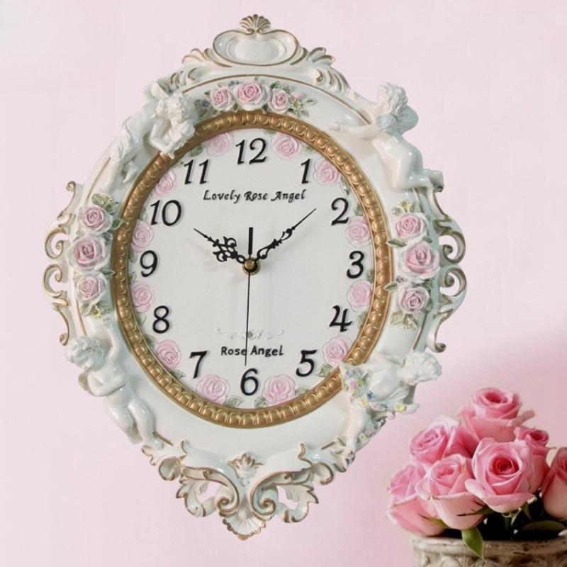 European Resin Wall Clock Luxury Art Coffee Shop Clock Retro Angel Indoor Large Wall Clock Suitable For Home Decoration (as the picture,38X30.5cm)