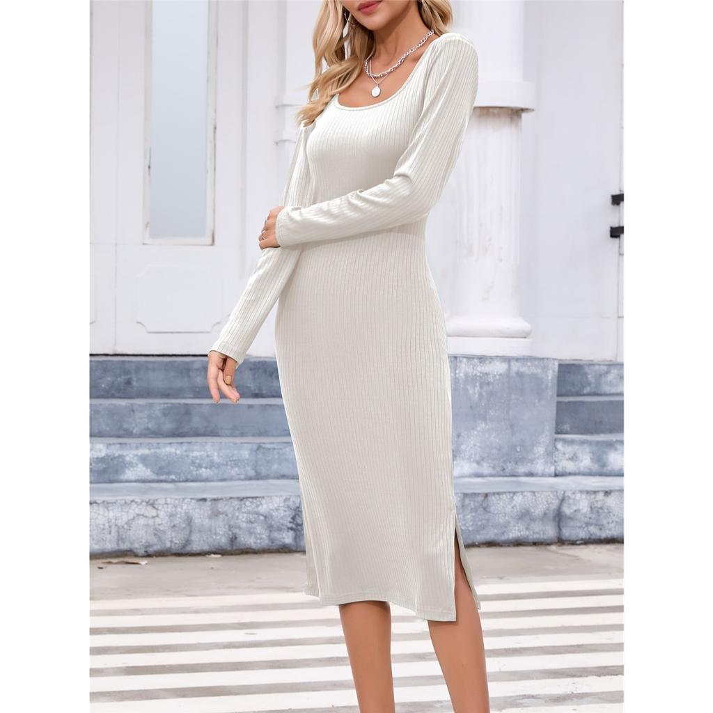 Women's Solid Color Long Sleeve Square Neck Slim and Elegant Long Dress