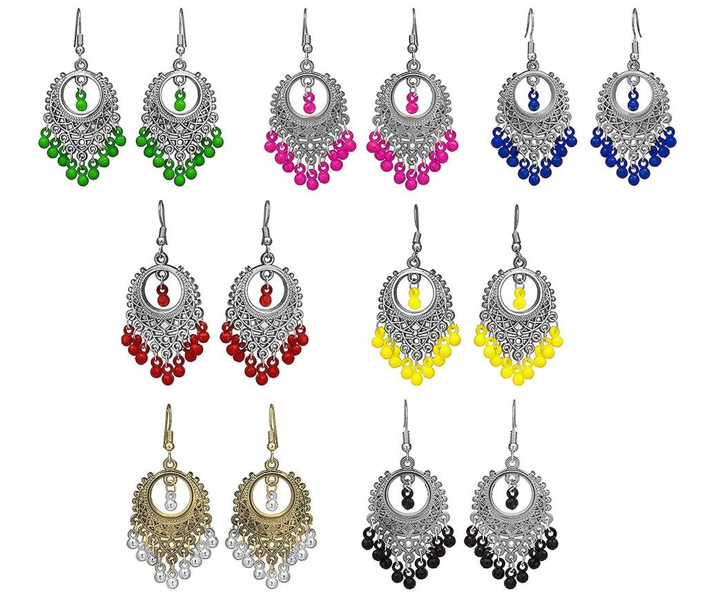 Traditional Multicolor Silver Oxidised Drop Chandbali Jhumka Earrings Set | German Silver Jhumki Combo | Accessories Jewellery