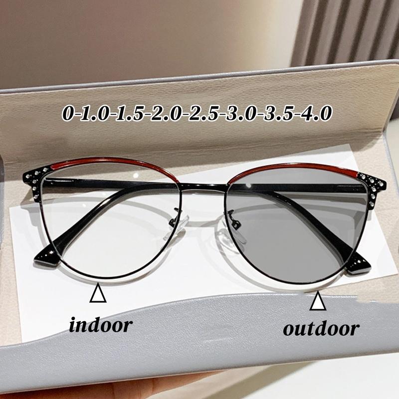 New Trend Cat Eye Pochromic Glasses Fashionable Diamond Cut Myopia Glasses Women Men Luxury Color Changing Eyewear 0-1.0-4.0