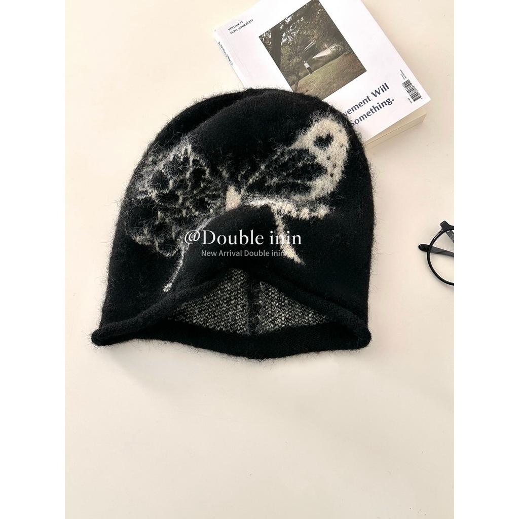 Double inin versatile butterfly knitted cold hat women's winter warm face small headhat