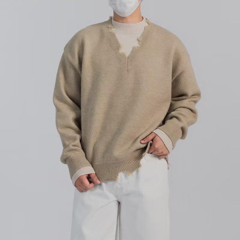 Men's Casual Knit Sweater Coat: Trendy Frayed Faux Two-Piece Design for Autumn/Winter, American Brand, Lazy Style.