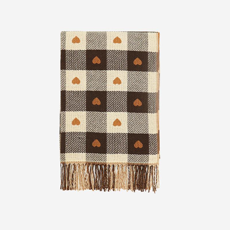 New Autumn and Winter Imitation Cashmere Women's Double-sided Heart-shaped Plaid Scarf Japanese Tassel Warm Shawl Couple Scarf
