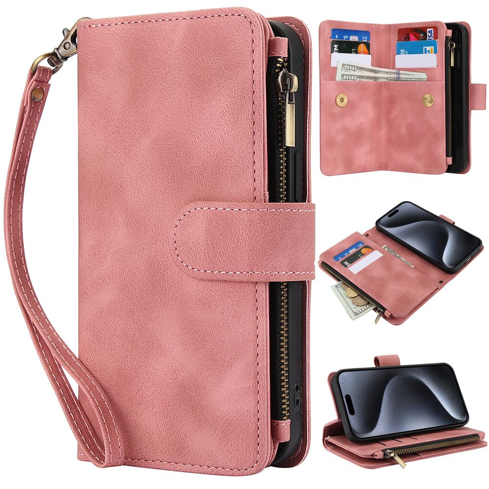 Peněženka 9 slotů na karty Flip Zipper Kožené pouzdro pro iPhone 16 15 Plus 14 13 12 11 Pro Max XR X Samsung S24 S23 S22 S21 Ultra Plus FE A15 A55 A14 A34 A54