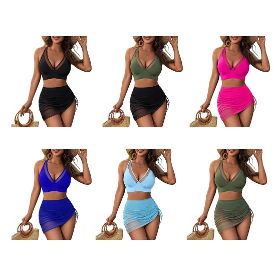 2 szt./zestaw Damski zestaw bikini Dekolt w serek Usztywniany Fiszbiny Biustonosz do pływania Wysoki stan Fałszywy dwuczęściowy Zestaw szortów do pływania Kostium kąpielowy