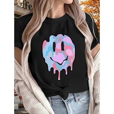 Colorful Melted Smiling Face Print Fashionable Summer Women's T-shirt Top Short Sleeved Round Neck Casual Women's Clothing
