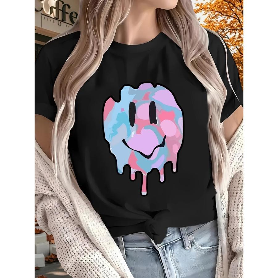 

Красочная футболка с принтом плавящегося улыбающегося лица, модная летняя женская футболка, топ с коротким рукавом, круглый вырез, повседневная женская одежда XXXXXL чёрный