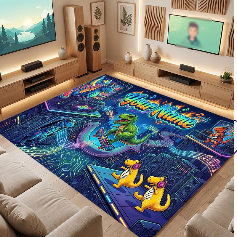 Dinosaur Theme Soft Crystal Velvet Rug Custom Name & Text Print Non Slip Floor Rug for Bedroom Living Room