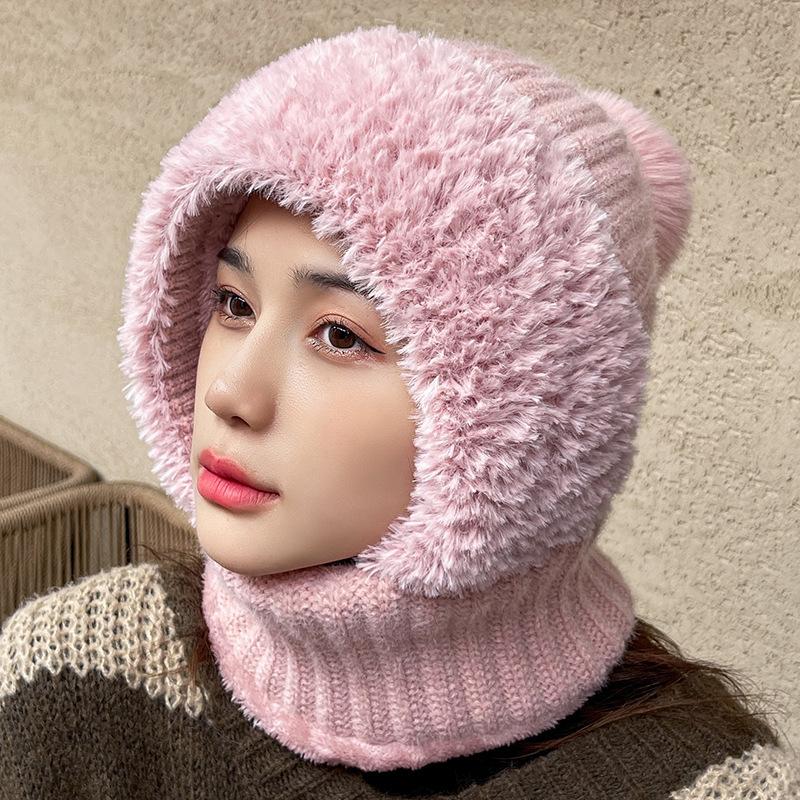 Knitted Hat Thickened and Velvet Hat Scarf Mask One-piece Hat Winter Warm Hat for Women