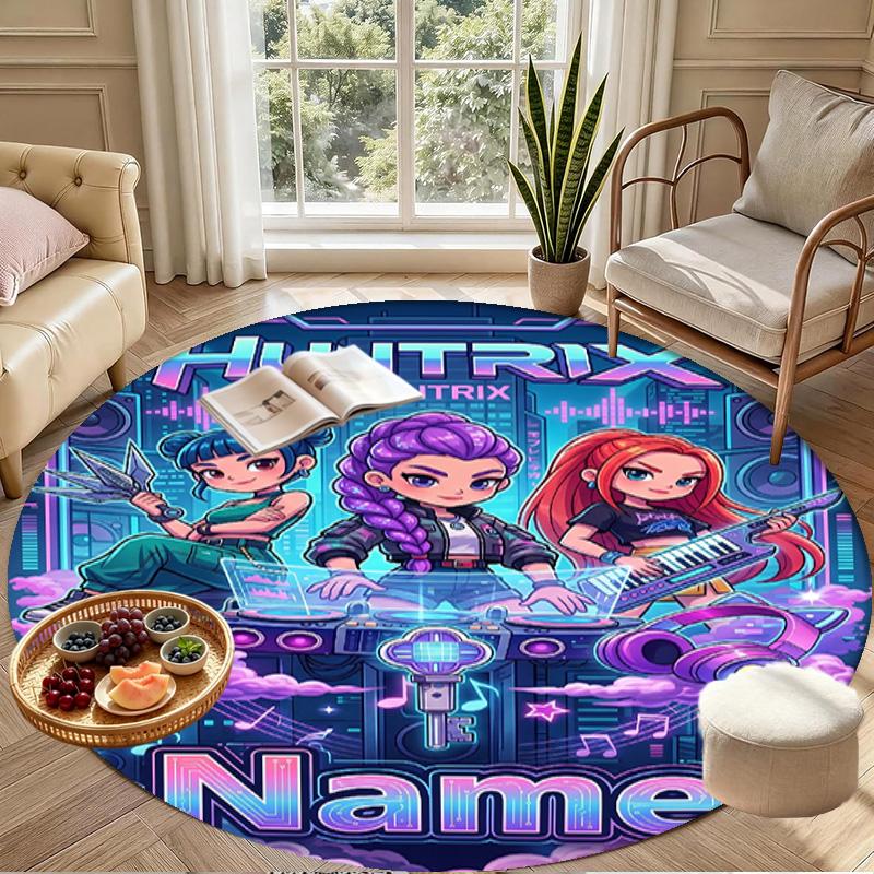 Custom Name Personalized Kpop Demon Hunter Print Round Rug, Versatile Home Decor Carpet, for Playroom, Apartment, Balcony, Entryway, Hallway Gift