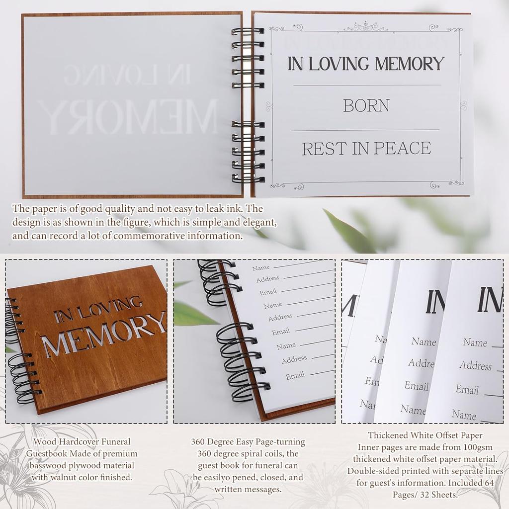 66 Pcs Funeral Guest Book Set Share a Memory Cards Memorial Box Guest Book Pen Wooden Pen Holder Funeral Decorations Memory Table Signs for