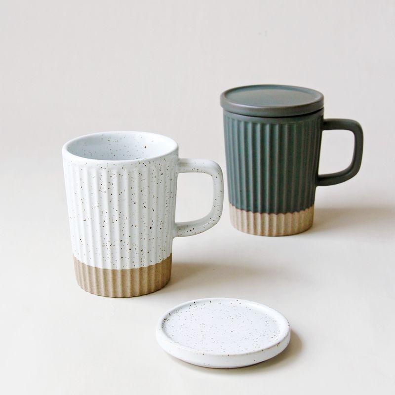 Japanese-style vertical pattern mug with lid ceramic cup simple ins style white sesame glaze coarse pottery coffee cup