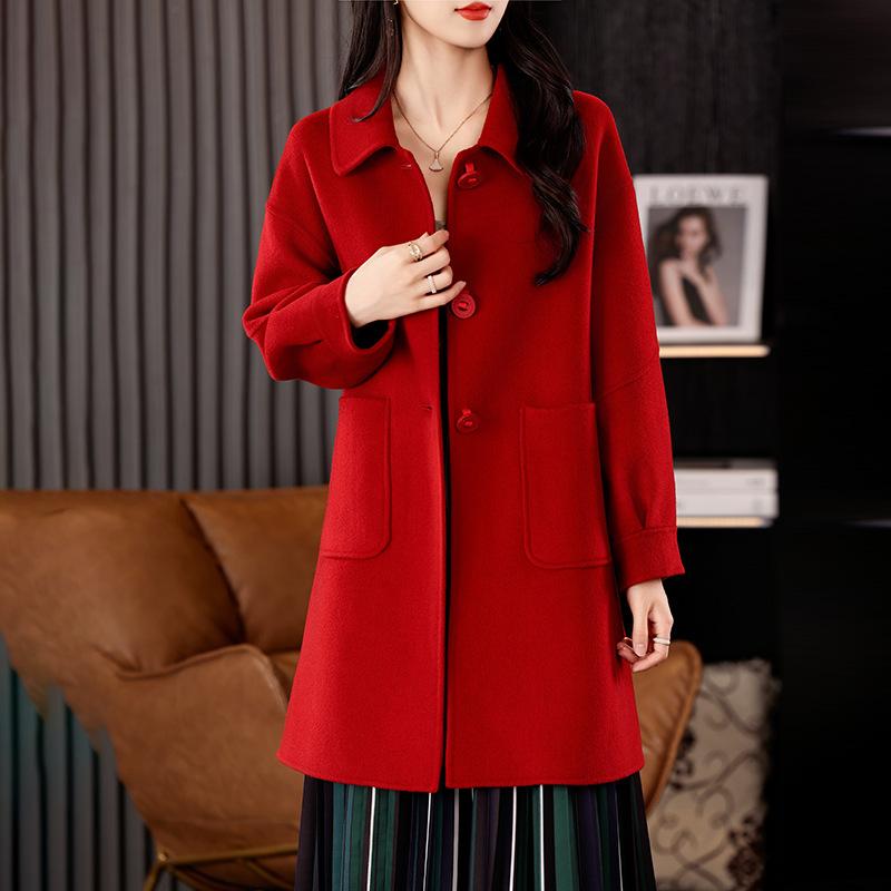Red Design Double-sided Wool Coat Women's Autumn and Winter New Medium and Long Wool Coat