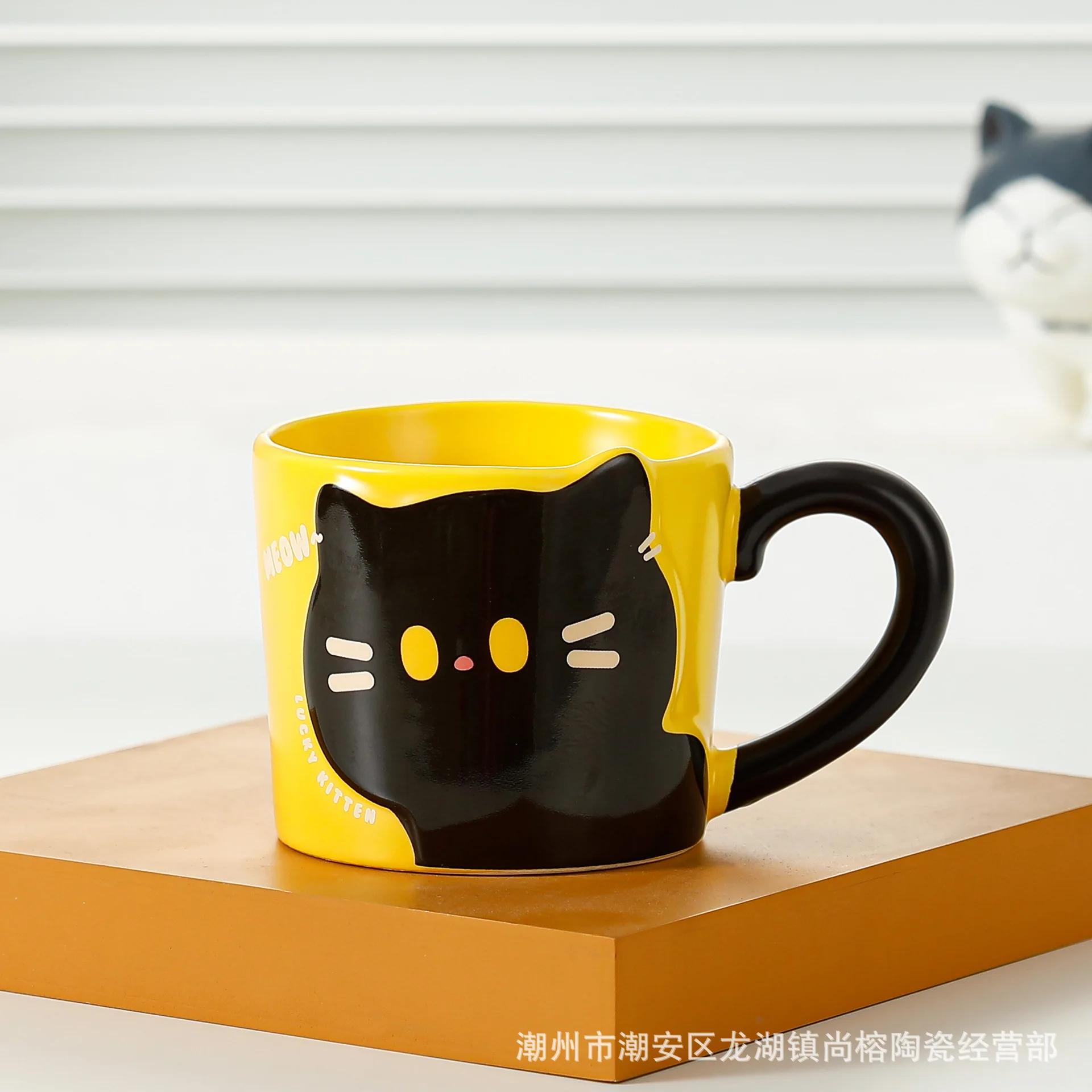 Japanese Cartoon Cat Coffee Cup Cat Pattern Cute Breakfast Cup Creative Coffee Mug Milk Cup Gift Ceramic Mug Kitchen Supplies 370ML чёрный