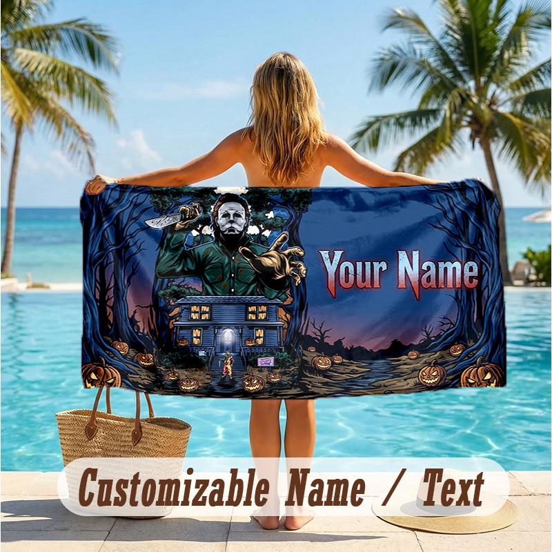 Custom Text Beach Towel, Soft Absorbent Swimming Multi-use TowelHalloween Michael Myers