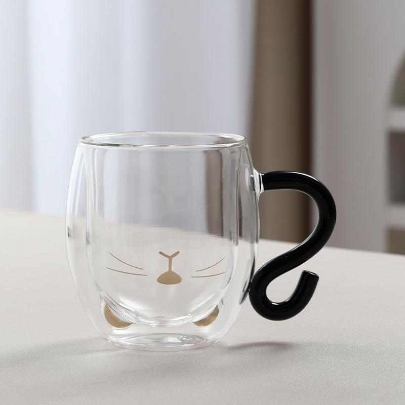 Kreativer Cartoon-Katzen-Doppelbecher für den Haushalt, große Kapazität, Trinkbecher mit Griff, transparent, hochtemperaturbeständiges Glas, Kaffeetasse