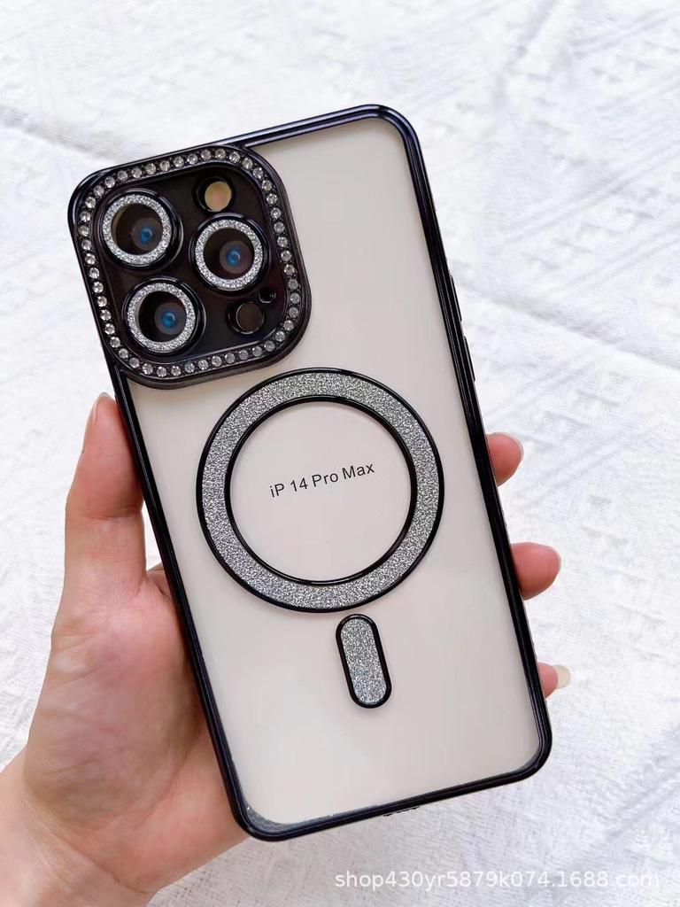 Anwendbar auf Apple IPhone 15 Seite Diamant Magnetische Saug Handyhülle Gold Integrierter Glitzer Versiegeltes Kamera Diamant Etui